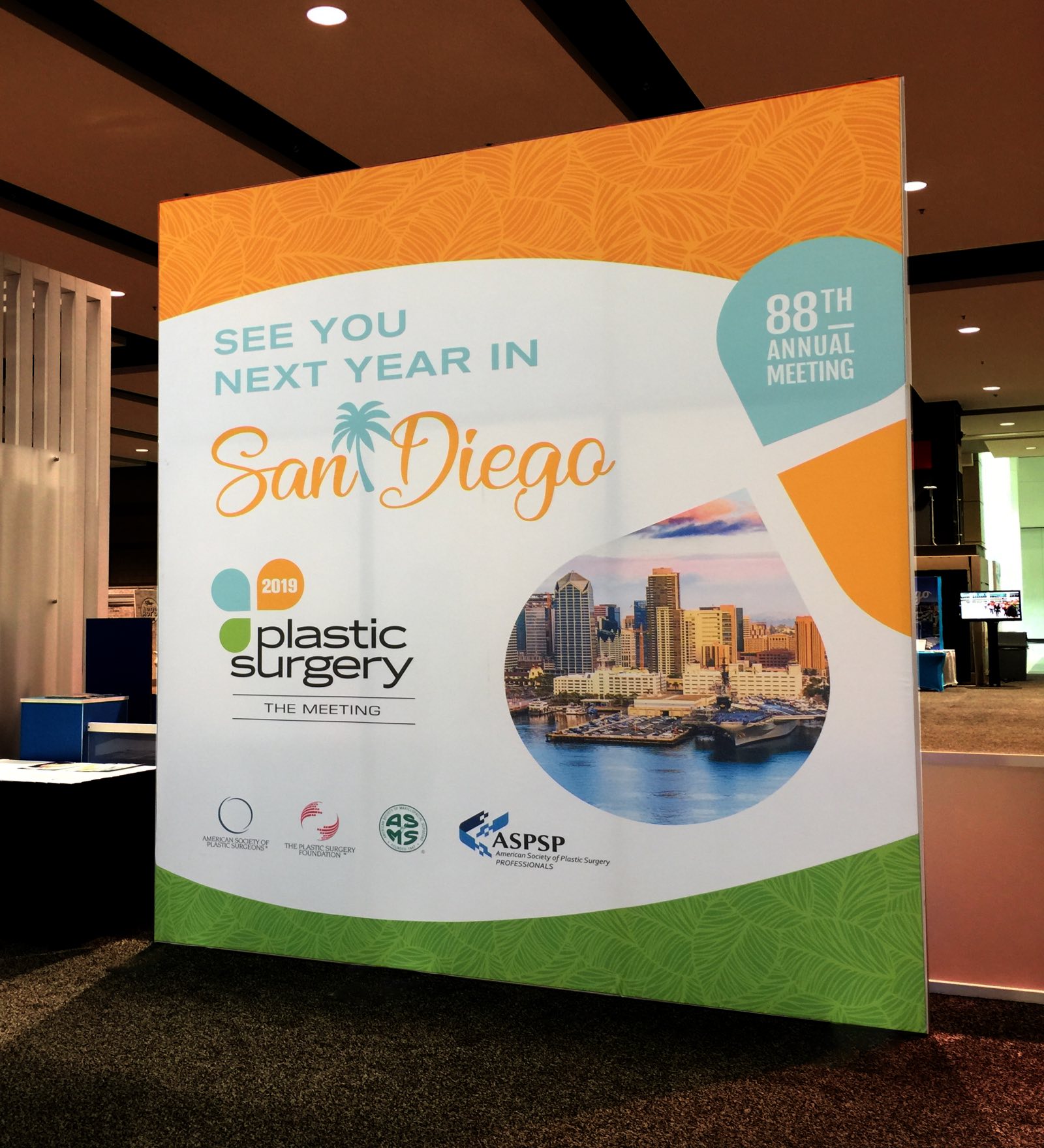ASPS PSTM 2018 booth panel promoting 2019 show location